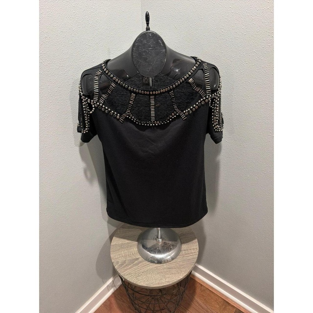 Vocal Women's Black Laser Cut Neck Embellished T-Shirt Y2k Small Made in USA